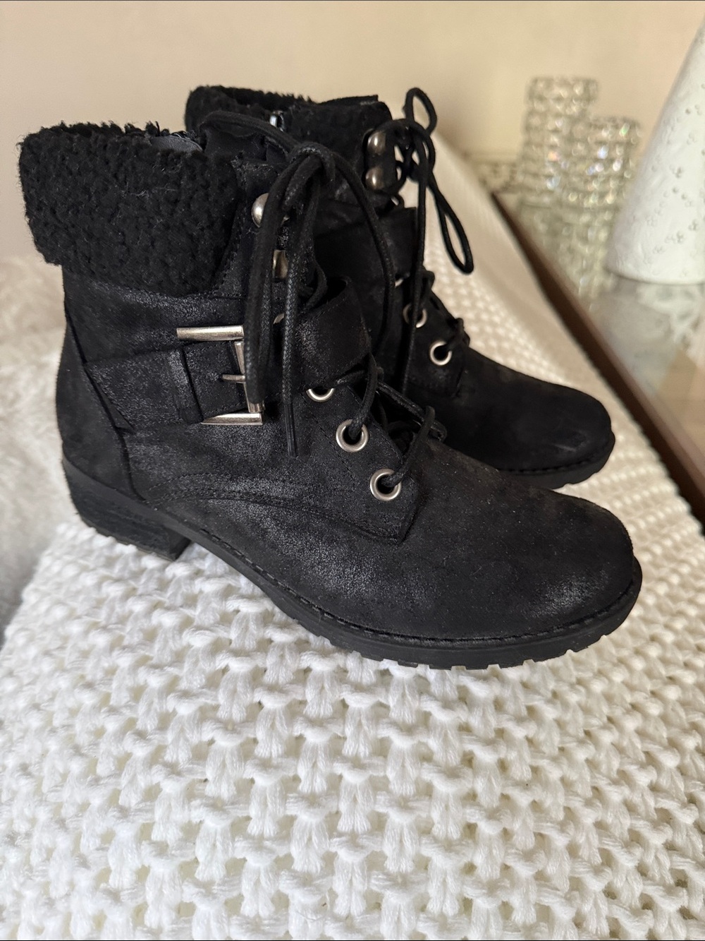 Skechers Women's Black Lace-Up Faux Suede Ankle Boots